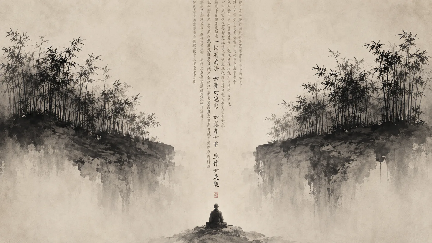 水墨竹林与山崖间，一位僧人静坐于金刚经文字下